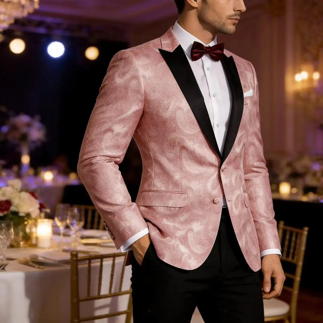 Men's Pink Paisley Tuxedo Blazer Black Satin Lapel 2 Button Formal Jacket Wedding Party Prom Suit Coat Plus Size