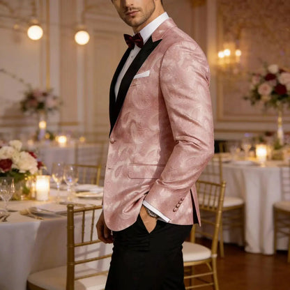 Men's Pink Paisley Tuxedo Blazer Black Satin Lapel 2 Button Formal Jacket Wedding Party Prom Suit Coat Plus Size