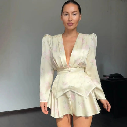 Print Women Dress Deep V Mini Dress Puff Sleeve High Waist Dress Two Piece Outfit With Waistband Elegant Slim Fit Outfit