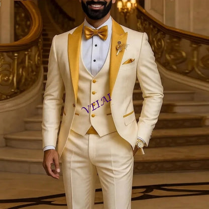 CustomizedGold Collar Ivory Men Suit Wedding Party Formal Groom Groomsman Prom Business Male Tuxedos 3 Piece Set Jacket Vest Pan
