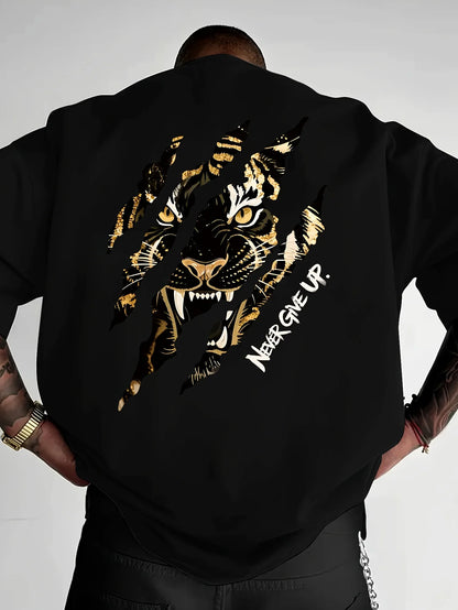 Tiger Claw Mark Never Give Up Print on Premium Soft 100% Cotton Mens T Shirt Perfect for Summer Streetwear and Bold Style