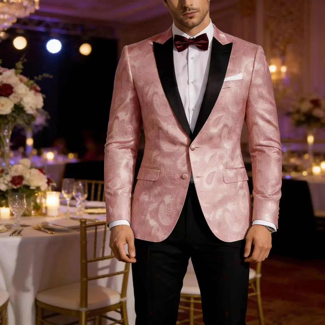 Men's Pink Paisley Tuxedo Blazer Black Satin Lapel 2 Button Formal Jacket Wedding Party Prom Suit Coat Plus Size