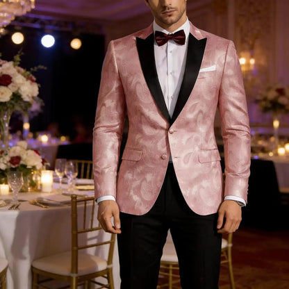 Men's Pink Paisley Tuxedo Blazer Black Satin Lapel 2 Button Formal Jacket Wedding Party Prom Suit Coat Plus Size